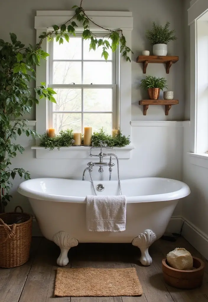 28 Farmhouse Bathroom Decor Ideas That Feel Fresh and Inviting - 2. Vintage Bathtub for a Timeless Touch