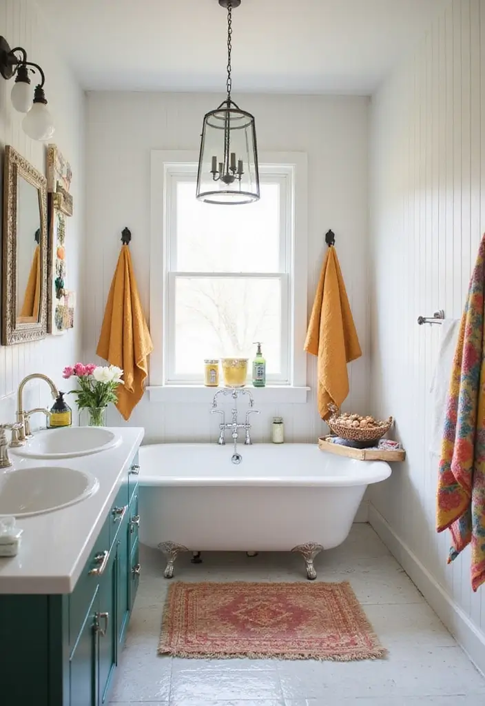 28 Farmhouse Bathroom Decor Ideas That Feel Fresh and Inviting - 24. Colorful Accents for Brightness