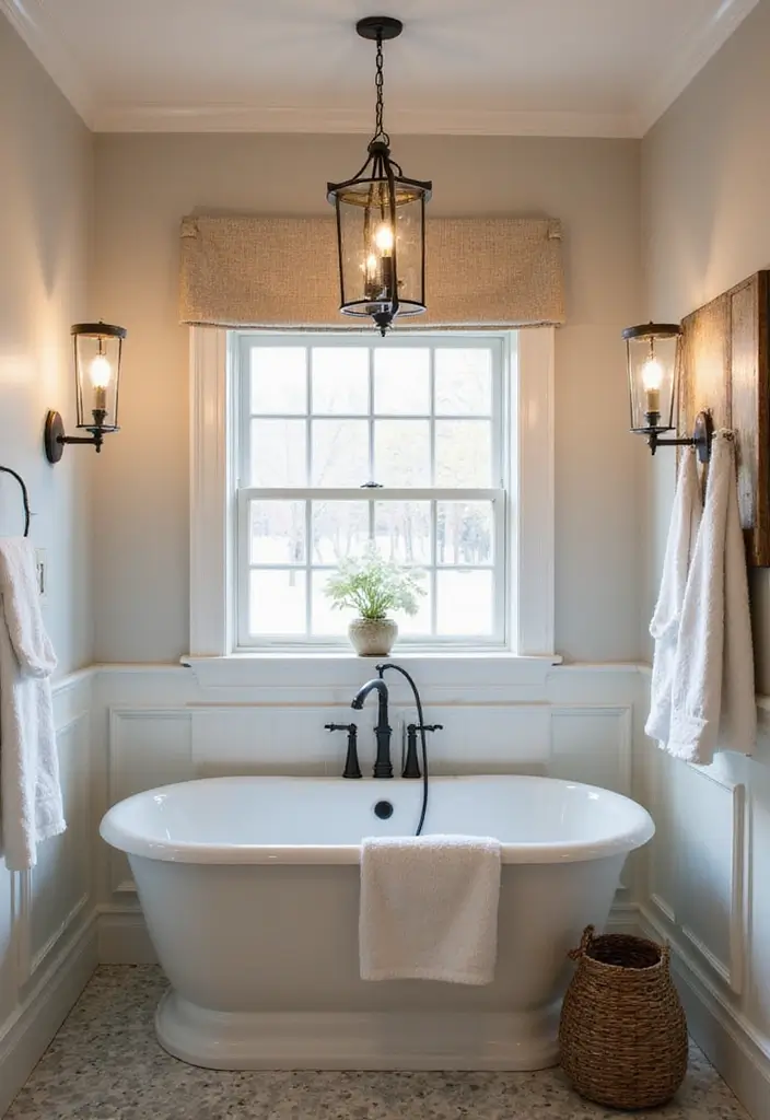 28 Farmhouse Bathroom Decor Ideas That Feel Fresh and Inviting - 25. Farmhouse Style Lighting Fixtures