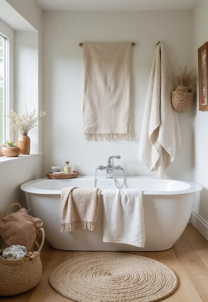 28 Farmhouse Bathroom Decor Ideas That Feel Fresh and Inviting - 4. Cozy Textiles for Softness