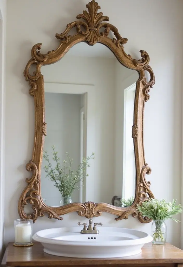 28 Farmhouse Bathroom Decor Ideas That Feel Fresh and Inviting - 6. Vintage Mirrors for Added Charm