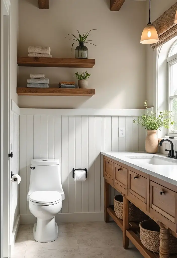 28 Farmhouse Bathroom Decor Ideas That Feel Fresh and Inviting - 8. Wooden Accents for Earthy Warmth