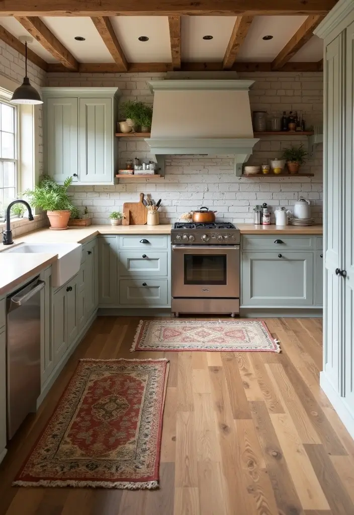 28 Farmhouse Kitchen Designs That Mix Rustic and Modern 15 28 Farmhouse Kitchen Designs That Mix Rustic and Modern - 15. Warm Flooring Options