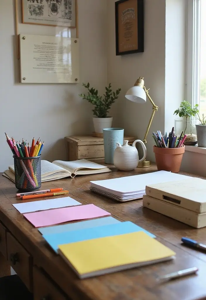 28 Farmhouse Office Inspirations That Balance Work and Style 20 28 Farmhouse Office Inspirations That Balance Work and Style - 21. Colorful Office Supplies