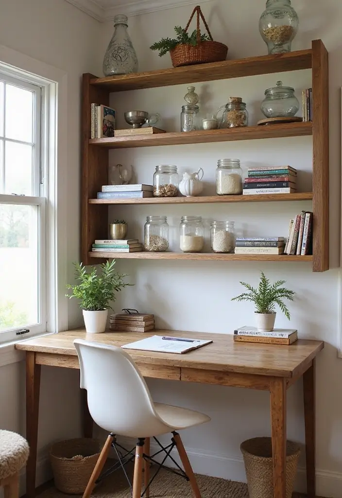 28 Farmhouse Office Inspirations That Balance Work and Style 3 28 Farmhouse Office Inspirations That Balance Work and Style - 3. Open Shelving Solutions