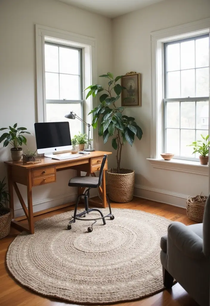 28 Farmhouse Office Inspirations That Balance Work and Style 7 28 Farmhouse Office Inspirations That Balance Work and Style - 8. Cozy Rugs