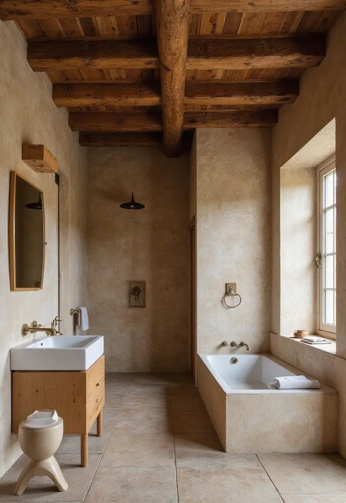 28 Farmhouse Shower Designs That Balance Comfort and Style 1 28 Farmhouse Shower Designs That Balance Comfort and Style - 1. Exposed Wooden Beams