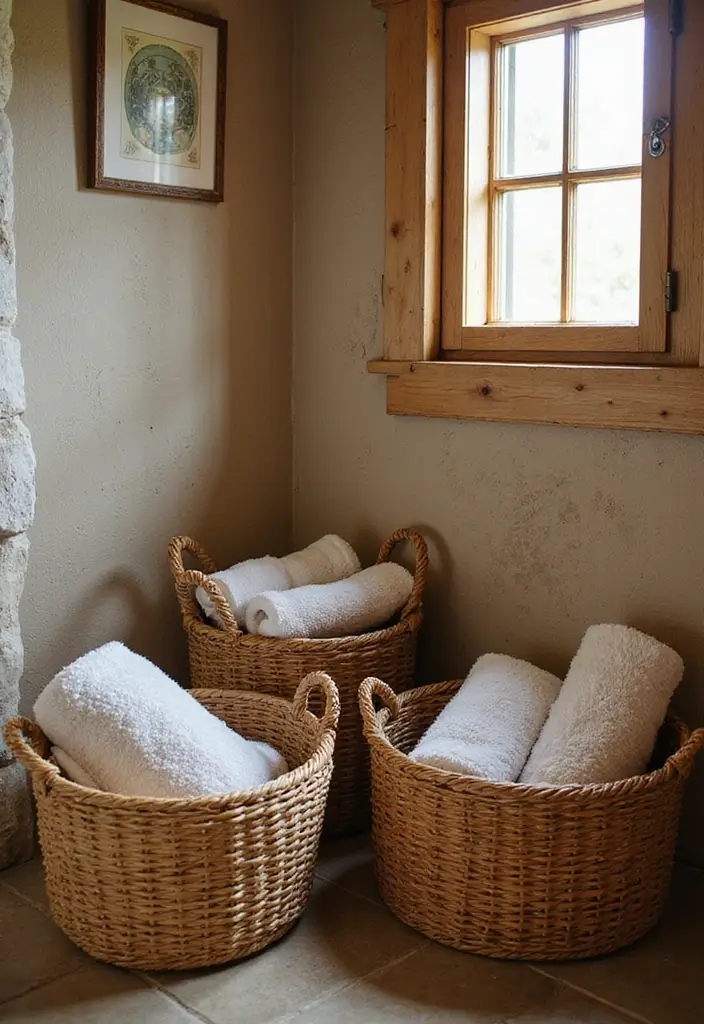 28 Farmhouse Shower Designs That Balance Comfort and Style 10 28 Farmhouse Shower Designs That Balance Comfort and Style - 10. Woven Storage Baskets