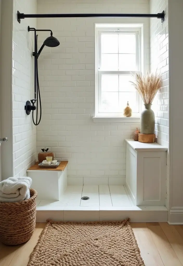 28 Farmhouse Shower Designs That Balance Comfort and Style 11 28 Farmhouse Shower Designs That Balance Comfort and Style - 11. Natural Fiber Rugs
