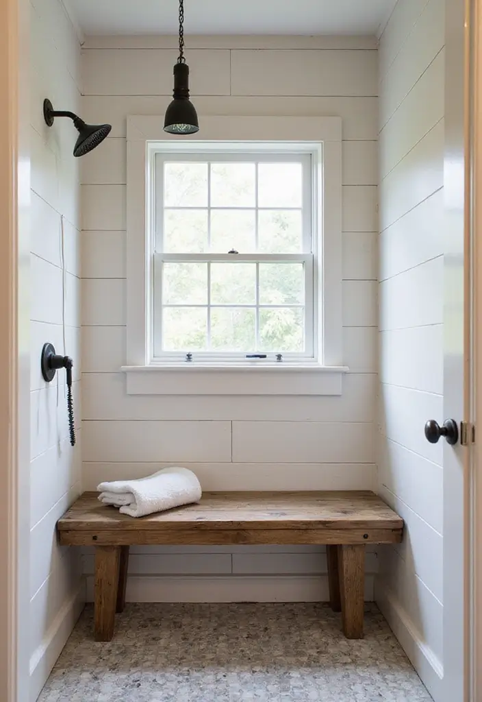 28 Farmhouse Shower Designs That Balance Comfort and Style 14 28 Farmhouse Shower Designs That Balance Comfort and Style - 14. Farmhouse Shower Benches