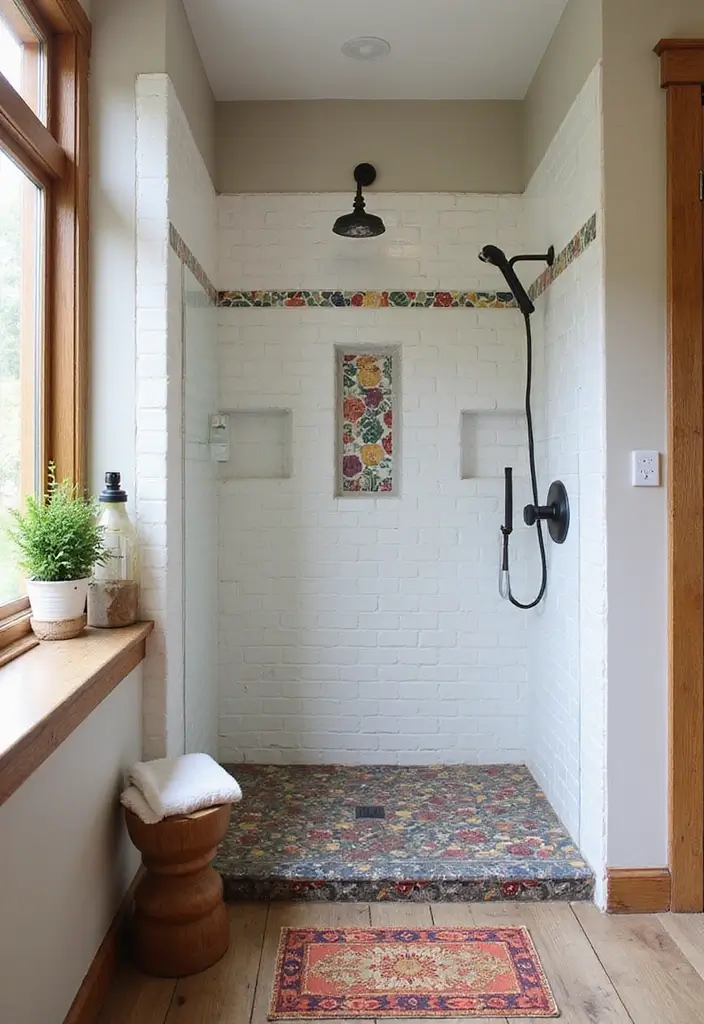 28 Farmhouse Shower Designs That Balance Comfort and Style 15 28 Farmhouse Shower Designs That Balance Comfort and Style - 15. Colorful Farmhouse Accents