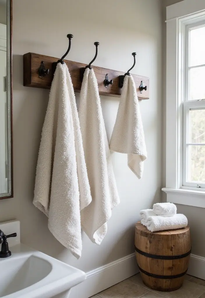 28 Farmhouse Shower Designs That Balance Comfort and Style 20 28 Farmhouse Shower Designs That Balance Comfort and Style - 20. Towel Racks and Hooks