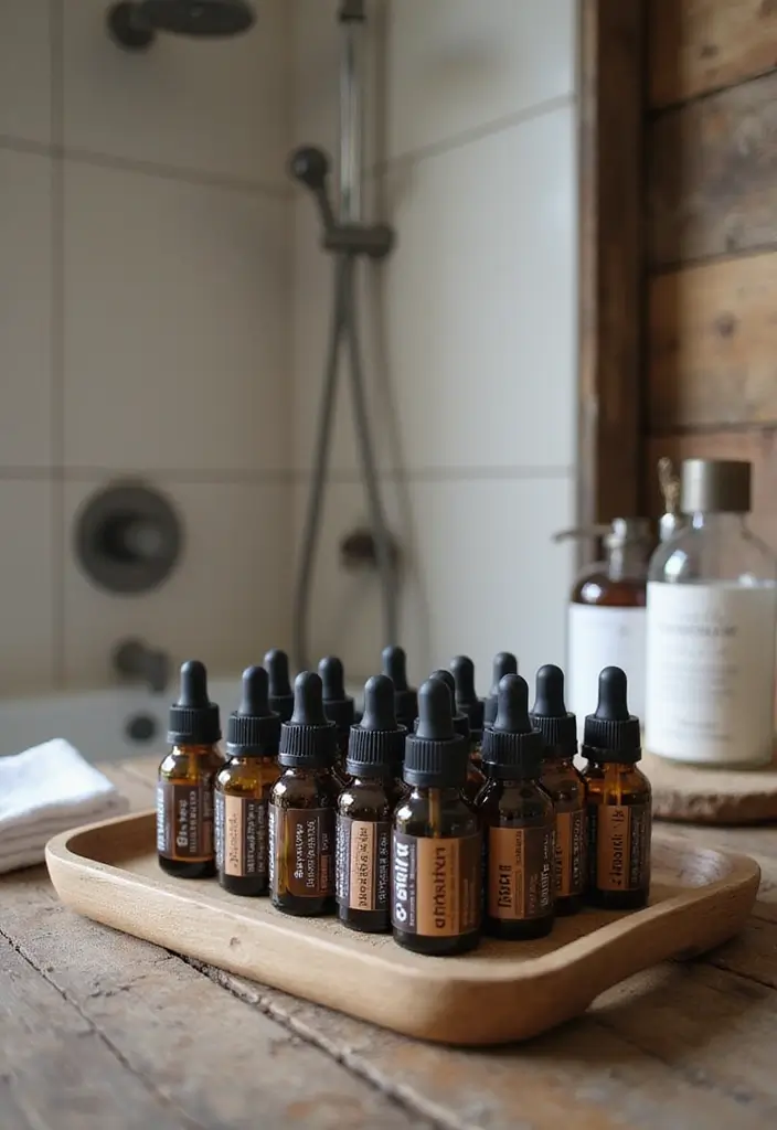 28 Farmhouse Shower Designs That Balance Comfort and Style 21 28 Farmhouse Shower Designs That Balance Comfort and Style - 21. Essential Oil Displays