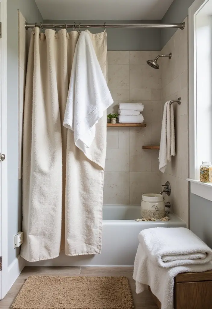 28 Farmhouse Shower Designs That Balance Comfort and Style 22 28 Farmhouse Shower Designs That Balance Comfort and Style - 22. Layered Textiles