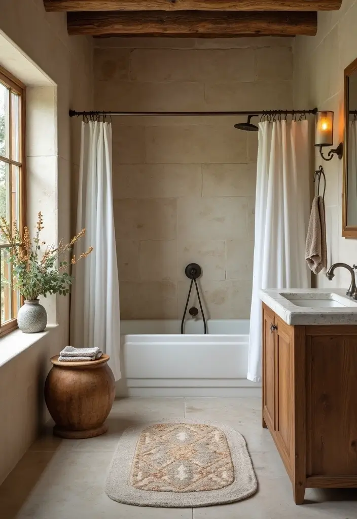 28 Farmhouse Shower Designs That Balance Comfort and Style 26 28 Farmhouse Shower Designs That Balance Comfort and Style - 26. Decorative Shower Rods