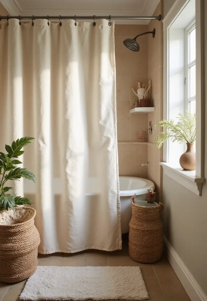 28 Farmhouse Shower Designs That Balance Comfort and Style 3 28 Farmhouse Shower Designs That Balance Comfort and Style - 3. Cozy Shower Curtains