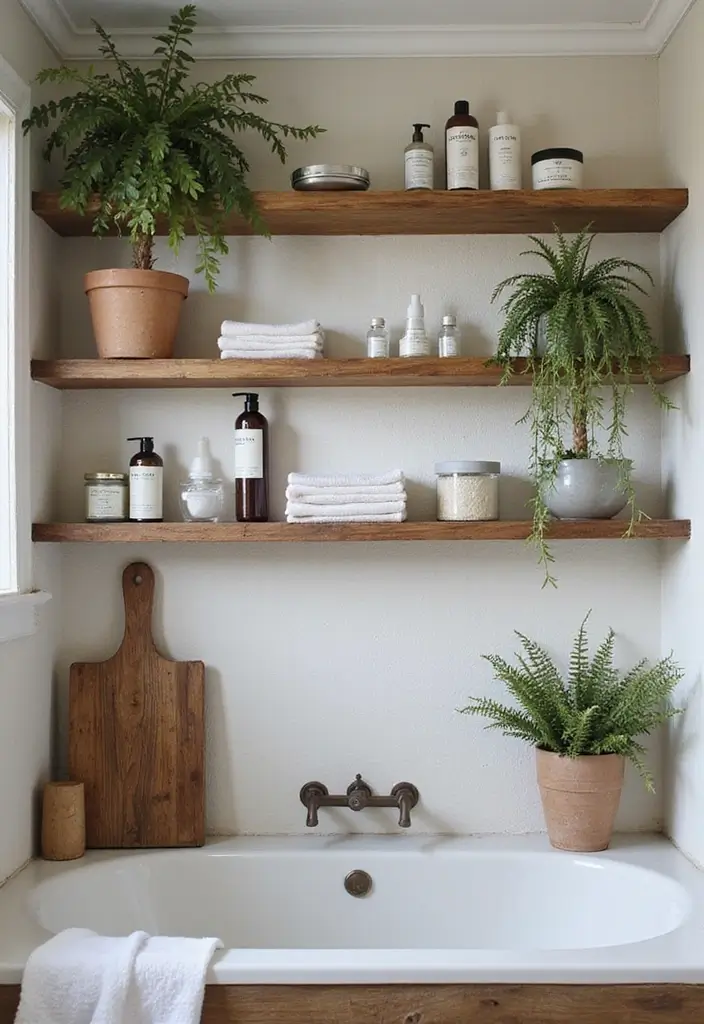 28 Farmhouse Shower Designs That Balance Comfort and Style 5 28 Farmhouse Shower Designs That Balance Comfort and Style - 5. Open Shelving Storage