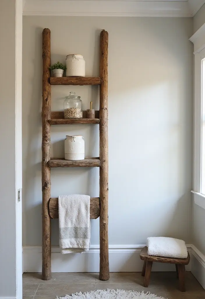 28 Farmhouse Shower Designs That Balance Comfort and Style 6 28 Farmhouse Shower Designs That Balance Comfort and Style - 6. Rustic Ladder Storage