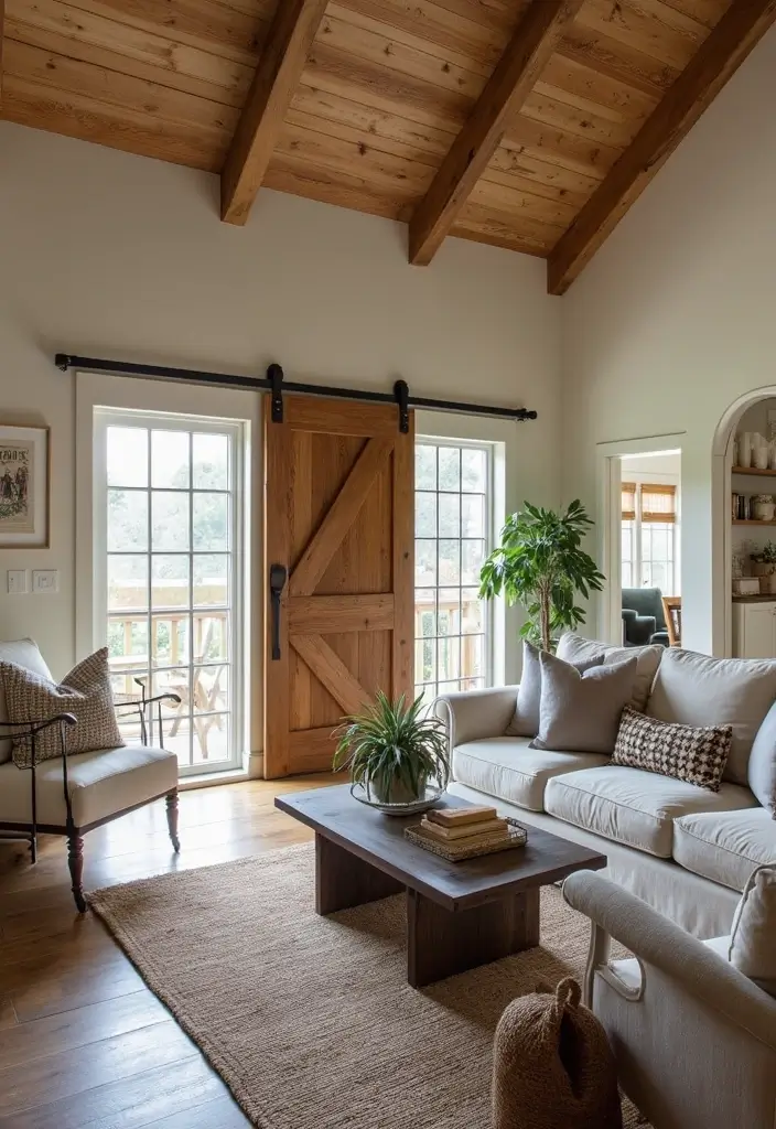 29 Farmhouse Ceiling Ideas That Add Rustic Drama 13 29 Farmhouse Ceiling Ideas That Add Rustic Drama - 13. Barn Door Accents