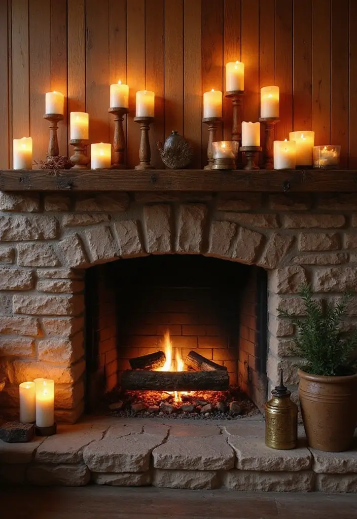 29 Farmhouse Fireplace Designs Perfect for Cozy Living - 28. Rustic Candle Displays