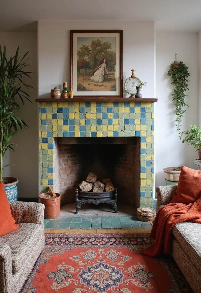 29 Farmhouse Fireplace Designs Perfect for Cozy Living - 3. Vintage Tile Surround