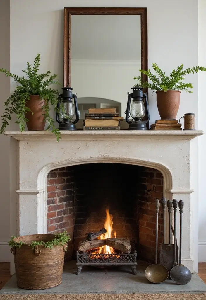 29 Farmhouse Fireplace Designs Perfect for Cozy Living - 6. Vintage Accessories Galore