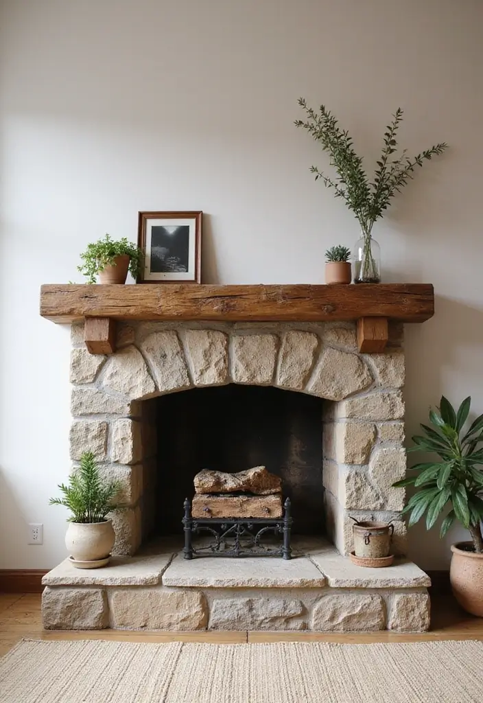 29 Farmhouse Fireplace Designs Perfect for Cozy Living - 7. Rustic Beam Mantel