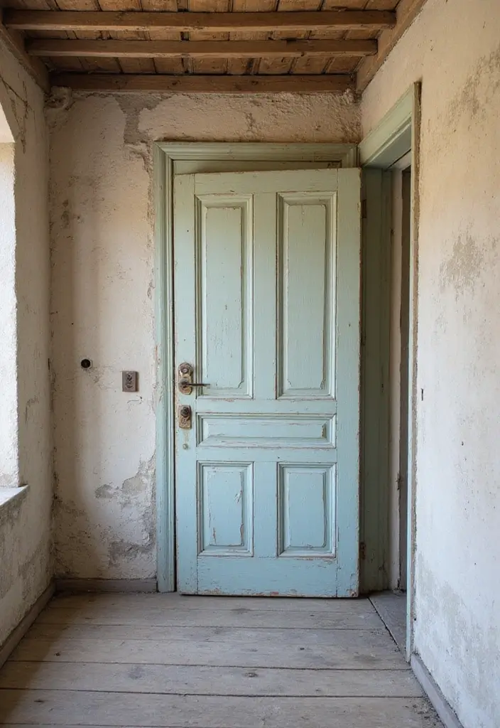 29 Farmhouse Interior Door Ideas with Rustic Appeal 16 29 Farmhouse Interior Door Ideas with Rustic Appeal - 17. Distressed Painted Doors