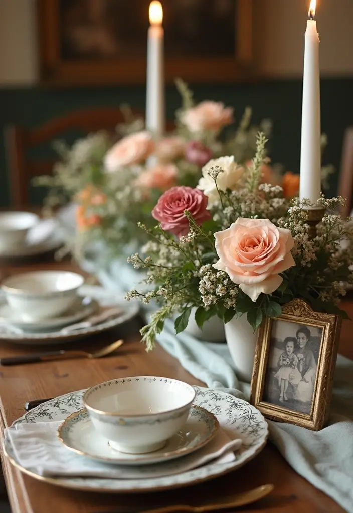 29 Farmhouse Table Centerpieces for Every Season 28 29 Farmhouse Table Centerpieces for Every Season - 28. Family Heritage: Heirloom Centerpieces