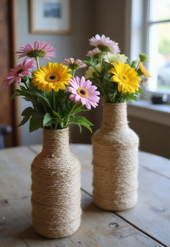30 DIY Farmhouse Decor Projects That Look High-End 14 30 DIY Farmhouse Decor Projects That Look High-End - 14. Twine-Wrapped Vases