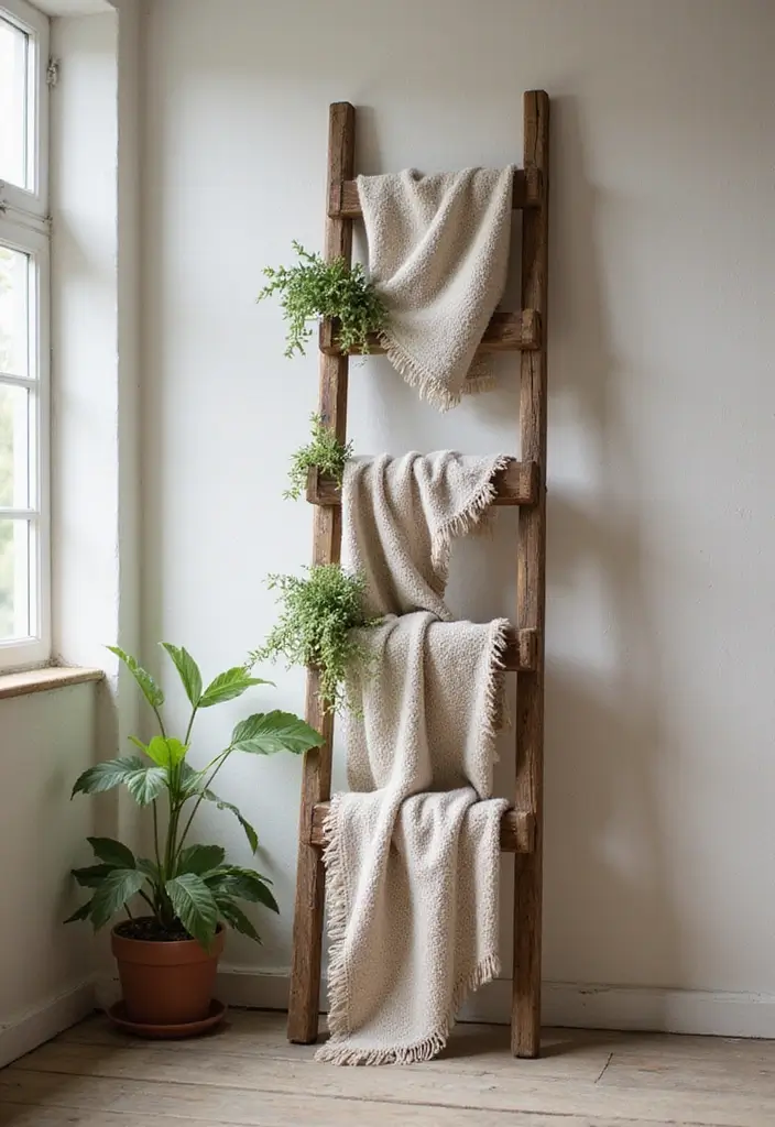 30 DIY Farmhouse Decor Projects That Look High-End 3 30 DIY Farmhouse Decor Projects That Look High-End - 3. Vintage Ladder Display