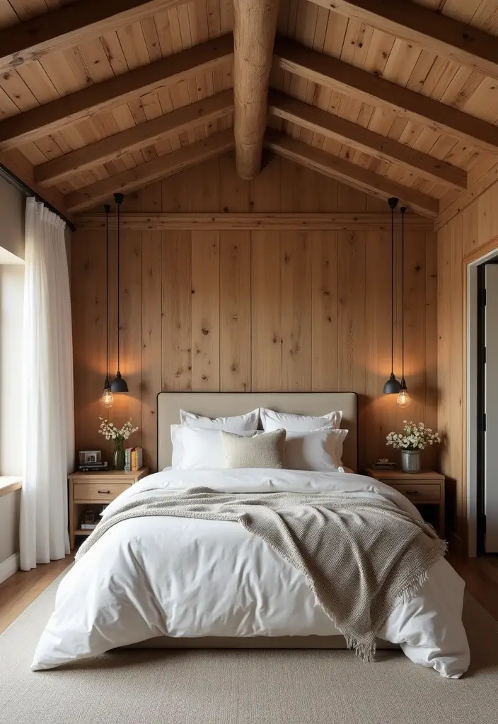 30 Farmhouse Master Bedroom Ideas That Feel Cozy and Chic 13 30 Farmhouse Master Bedroom Ideas That Feel Cozy and Chic - 13. Ceiling Beams and Wood Paneling