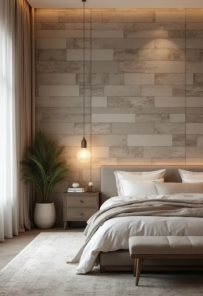 30 Farmhouse Master Bedroom Ideas That Feel Cozy and Chic 14 30 Farmhouse Master Bedroom Ideas That Feel Cozy and Chic - 14. Elegant Textured Wallpaper