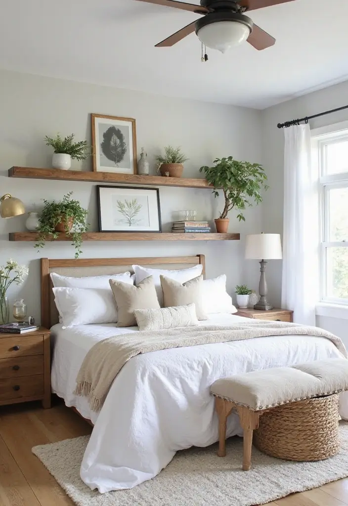 30 Farmhouse Master Bedroom Ideas That Feel Cozy and Chic 20 30 Farmhouse Master Bedroom Ideas That Feel Cozy and Chic - 20. Chic Floating Shelves