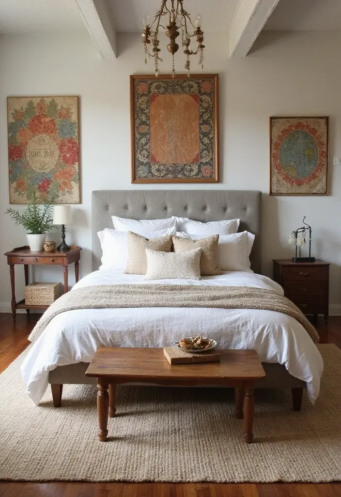 30 Farmhouse Master Bedroom Ideas That Feel Cozy and Chic 21 30 Farmhouse Master Bedroom Ideas That Feel Cozy and Chic - 21. Vintage Textile Art