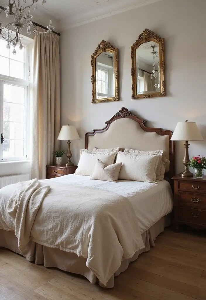 30 Farmhouse Master Bedroom Ideas That Feel Cozy and Chic 22 30 Farmhouse Master Bedroom Ideas That Feel Cozy and Chic - 22. Incorporate Vintage Mirrors