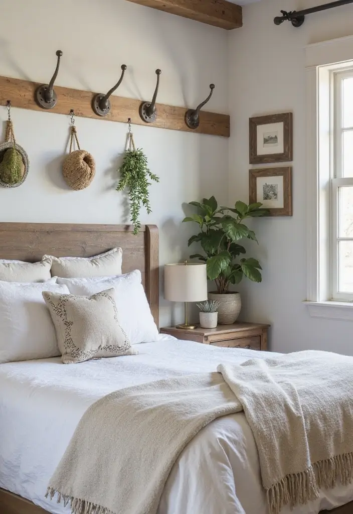 30 Farmhouse Master Bedroom Ideas That Feel Cozy and Chic 26 30 Farmhouse Master Bedroom Ideas That Feel Cozy and Chic - 26. Rustic Wall Hooks and Racks