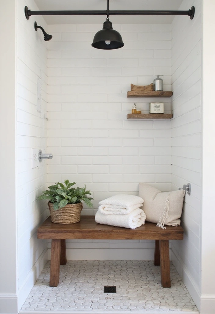 30 Farmhouse Shower Ideas That Feel Rustic and Relaxing 12 30 Farmhouse Shower Ideas That Feel Rustic and Relaxing - 12. Simple Wooden Benches