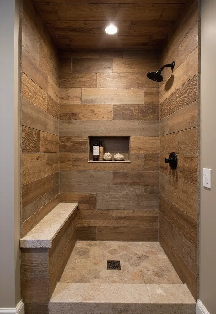 30 Farmhouse Shower Ideas That Feel Rustic and Relaxing 19 30 Farmhouse Shower Ideas That Feel Rustic and Relaxing - 19. Wood-Look Tile