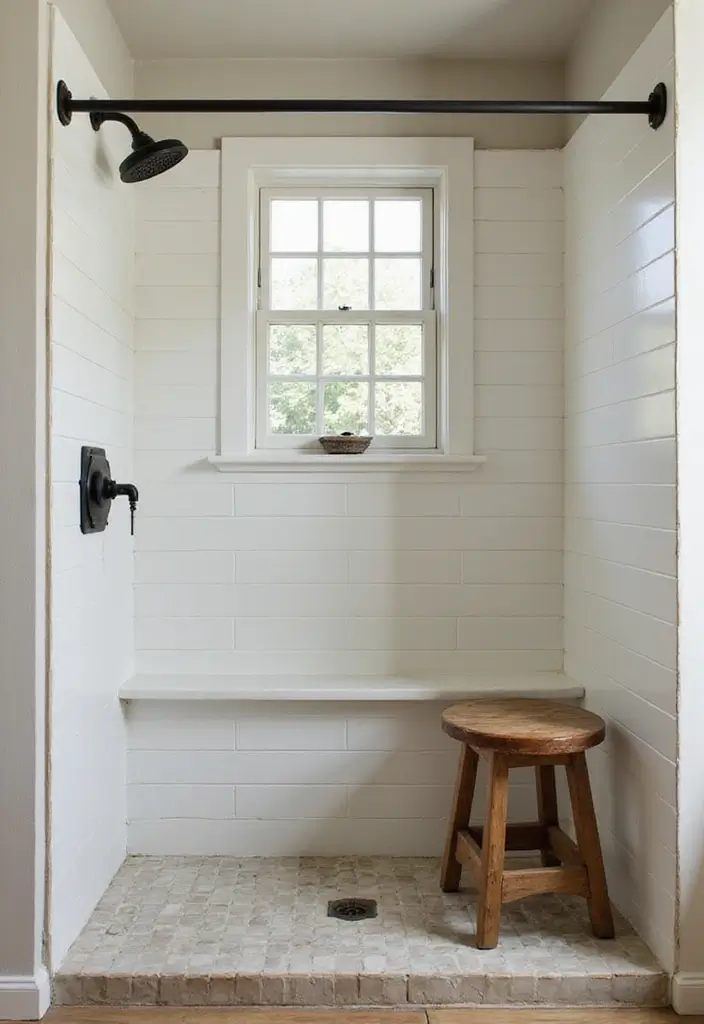 30 Farmhouse Shower Ideas That Feel Rustic and Relaxing 26 30 Farmhouse Shower Ideas That Feel Rustic and Relaxing - 26. Functional Seating
