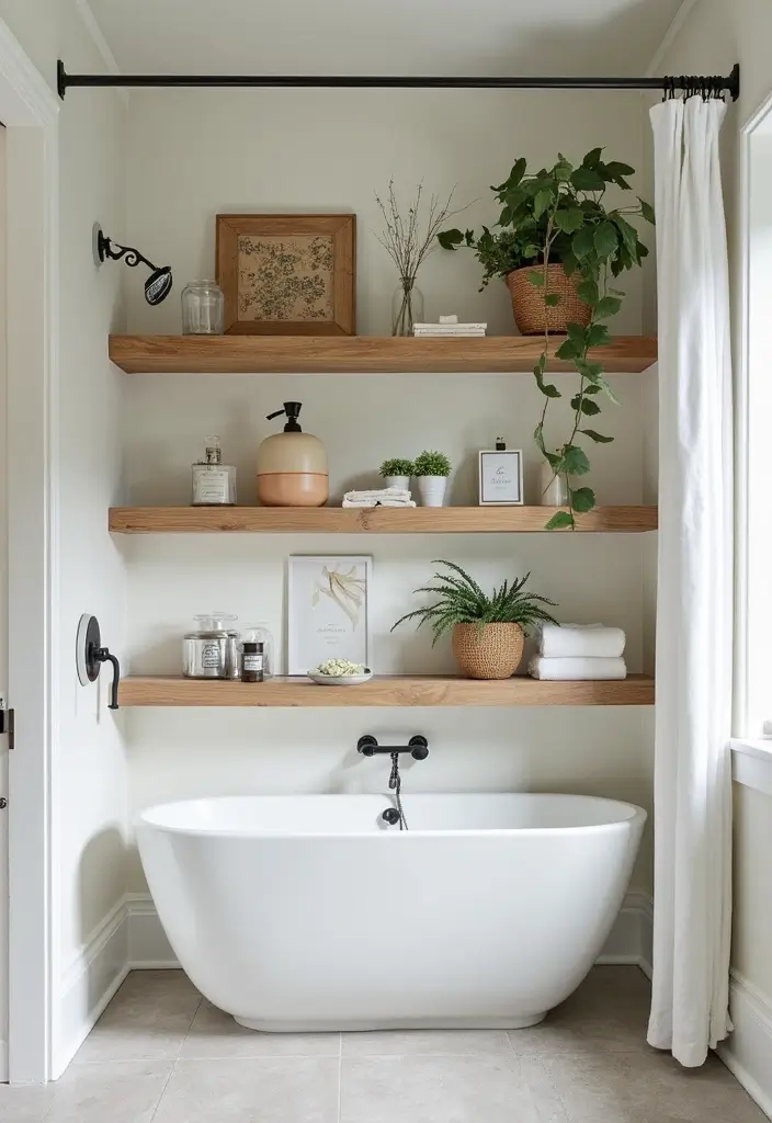 30 Farmhouse Shower Ideas That Feel Rustic and Relaxing 27 30 Farmhouse Shower Ideas That Feel Rustic and Relaxing - 27. Open Shelving