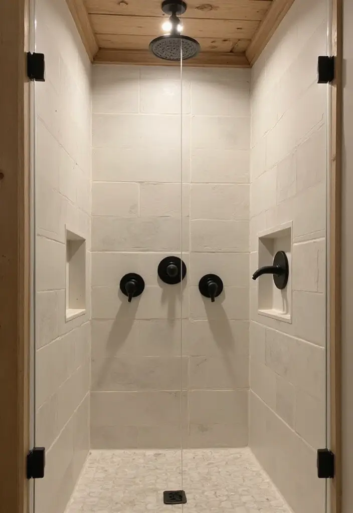 30 Farmhouse Shower Ideas That Feel Rustic and Relaxing 29 30 Farmhouse Shower Ideas That Feel Rustic and Relaxing - 29. Layered Lighting