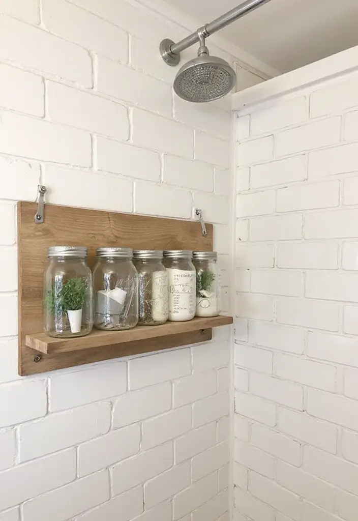 30 Farmhouse Shower Ideas That Feel Rustic and Relaxing 4 30 Farmhouse Shower Ideas That Feel Rustic and Relaxing - 4. Mason Jar Storage