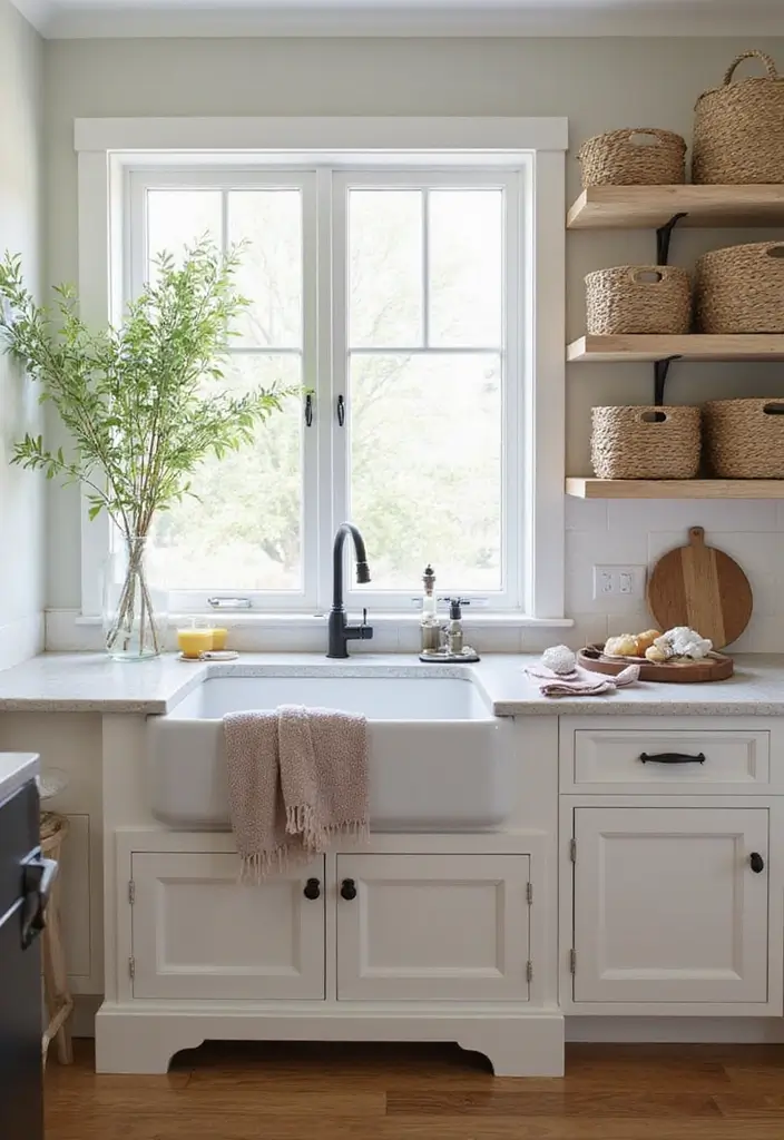 30 Farmhouse Sink Ideas That Make a Statement 22 30 Farmhouse Sink Ideas That Make a Statement - 22. Farmhouse Sink with Decorative Storage Basket