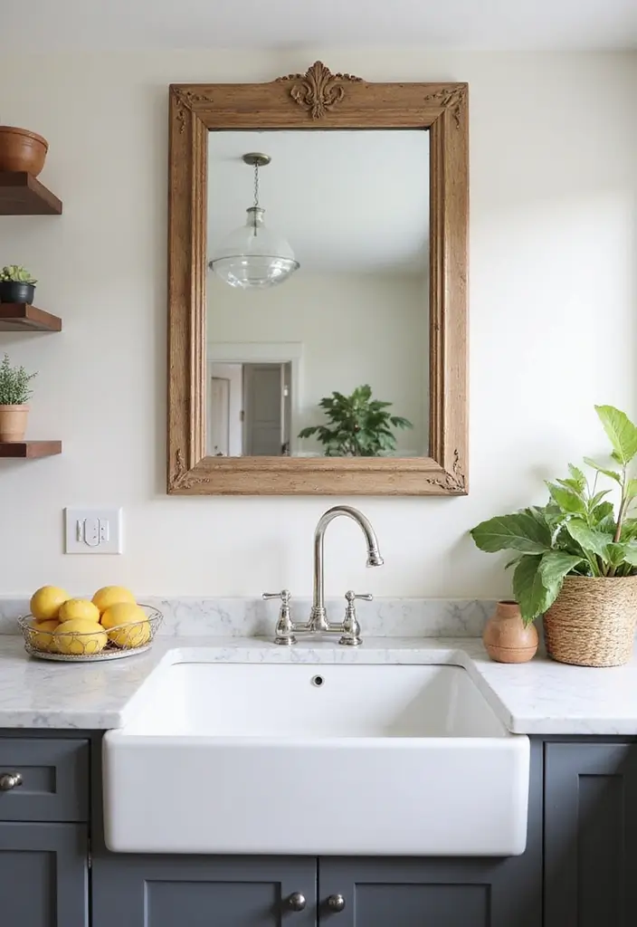 30 Farmhouse Sink Ideas That Make a Statement 23 30 Farmhouse Sink Ideas That Make a Statement - 23. Farmhouse Sink with Framed Mirror