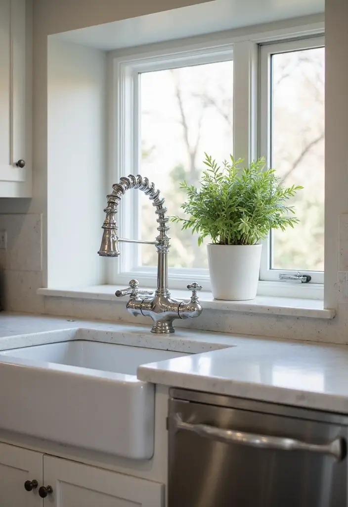 30 Farmhouse Sink Ideas That Make a Statement 26 30 Farmhouse Sink Ideas That Make a Statement - 26. Farmhouse Sink with Artistic Faucet