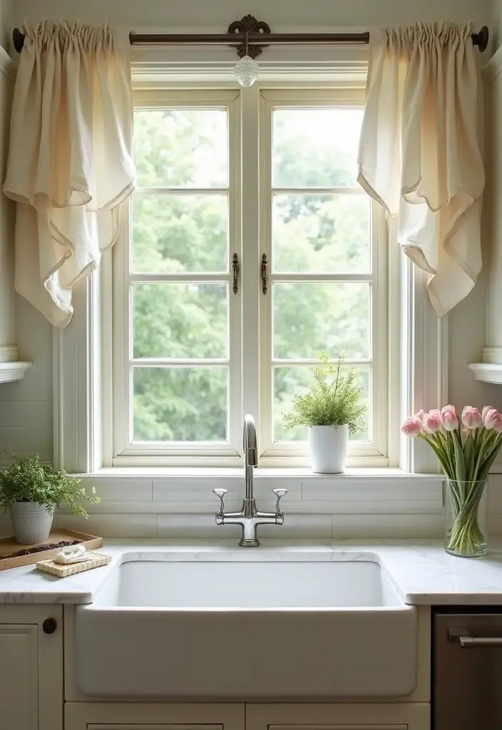 30 Farmhouse Sink Ideas That Make a Statement 29 30 Farmhouse Sink Ideas That Make a Statement - 29. Farmhouse Sink with Lush Window Treatments