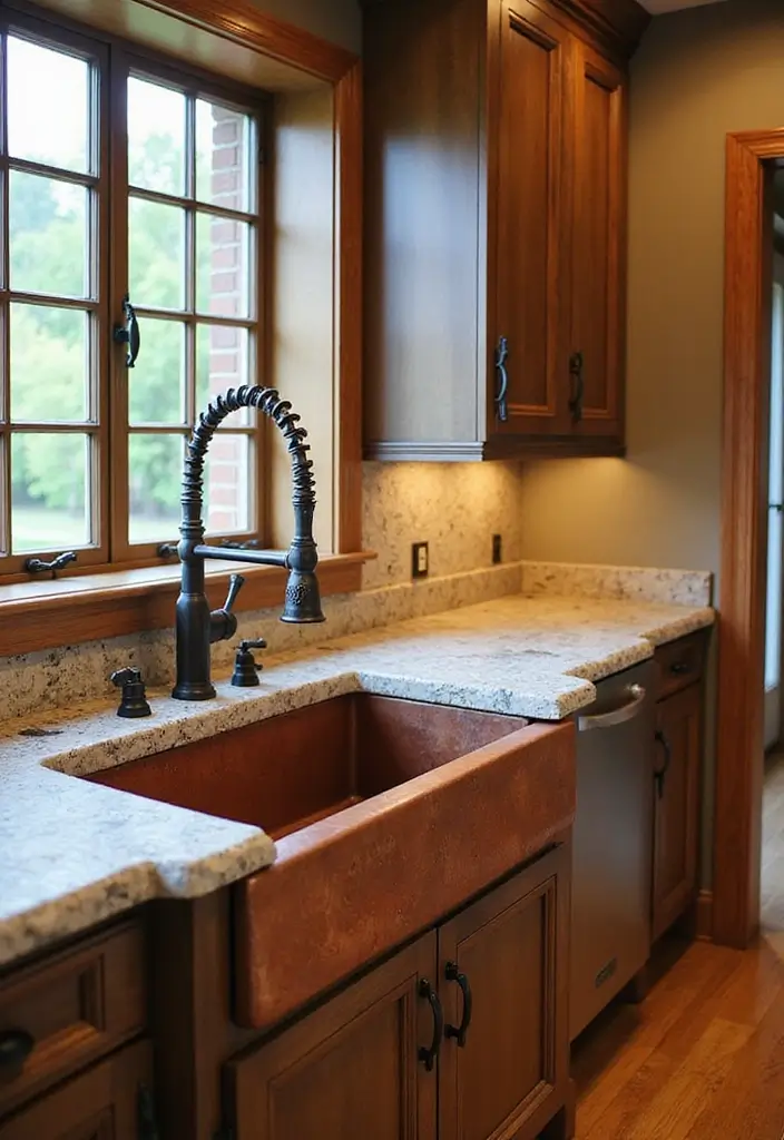 30 Farmhouse Sink Ideas That Make a Statement 3 30 Farmhouse Sink Ideas That Make a Statement - 3. Copper Farmhouse Sink with Stone Countertops