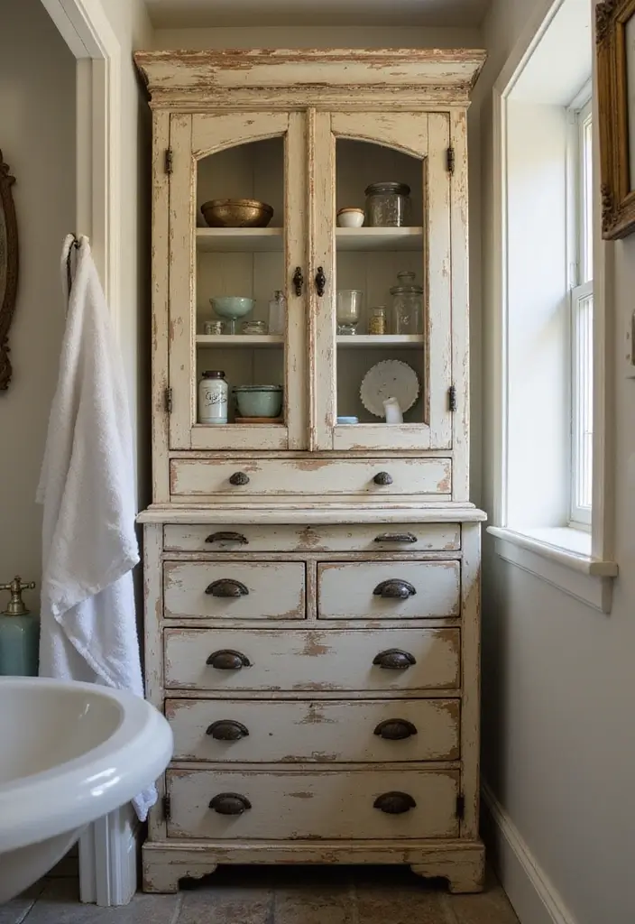 30 Small Farmhouse Bathroom Ideas to Maximize Comfort 1 30 Small Farmhouse Bathroom Ideas to Maximize Comfort - 1. Vintage Apothecary Cabinets