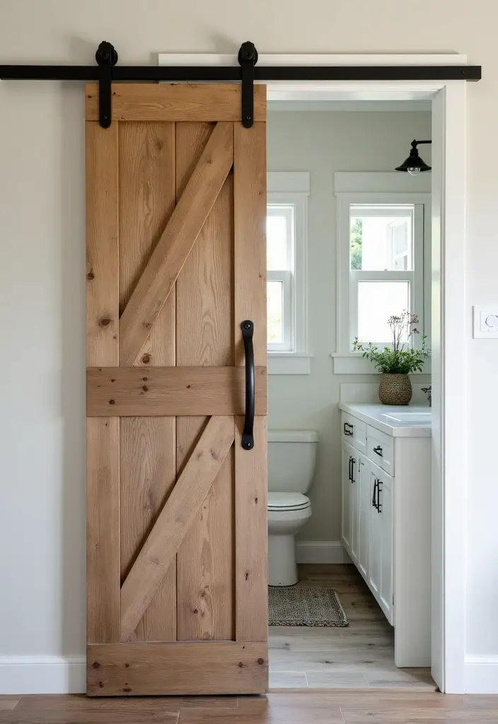 30 Small Farmhouse Bathroom Ideas to Maximize Comfort 11 30 Small Farmhouse Bathroom Ideas to Maximize Comfort - 11. Sliding Barn Doors
